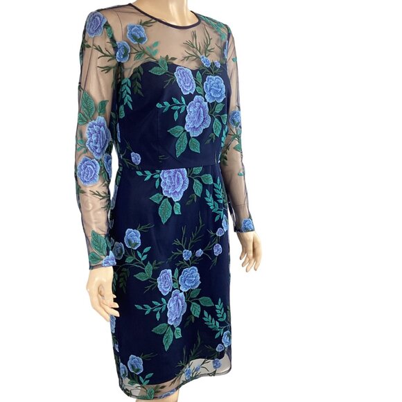 Tahari NWT Navy Blue Floral Embroidered Sheer Mesh Overlay Dress‎ Size 4 W/ Long - Picture 5 of 9